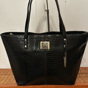 Anne Kline black reptile skin embossed faux leather tote